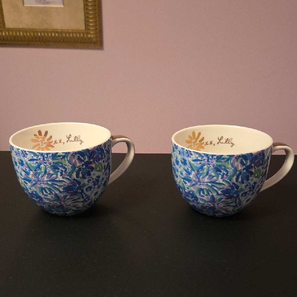 Lilly Pulitzer Blue and Purple Floral Ceramic Mugs - Pair